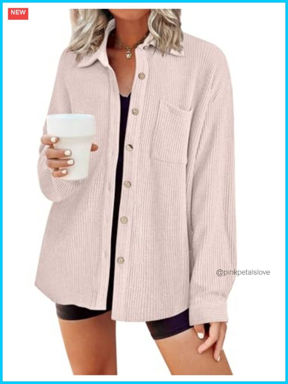 Waffle Knit Button Down Shirt Long Sleeve Shacket with Pocket